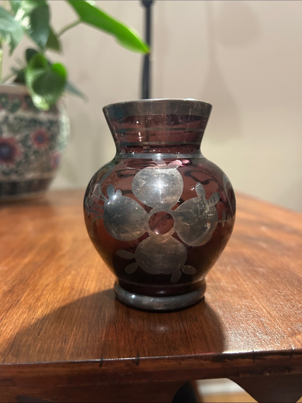 Vintage Amethyst Glass Vase with Silver Floral Overlay